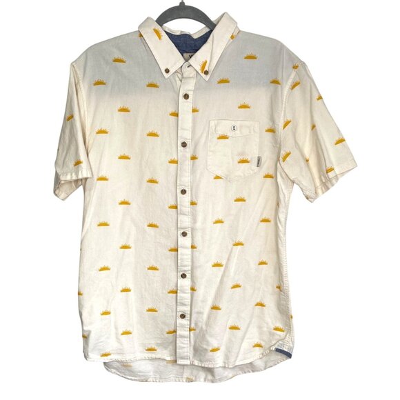 Vans Off The Wall Button Down Short Sleeve Shirt Sun Print Men Size L Chambray - Picture 1 of 8